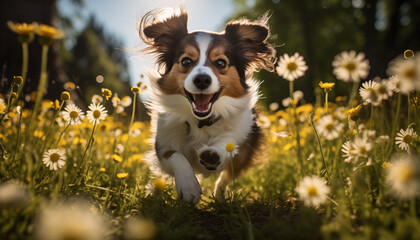 happy dog runs through a field of dandelions in the sunlight. 