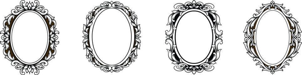 Set of black and white oval vintage frames with classic engraving ornament. Swirl, flourish, victorian, damask, arabesque, filigree floral element border frame collection vector illustration