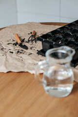 in the foreground is a decanter with water out of focus, in the background is a tray for seedlings...