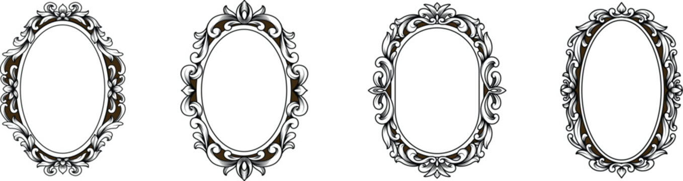 Set of oval vintage frames with classic engraving ornament. Swirl, flourish, victorian, damask, arabesque, filigree floral element border frame collection vector illustration
