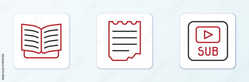 Aufkleber set line video with subtitles, open book and notebook icon. vector