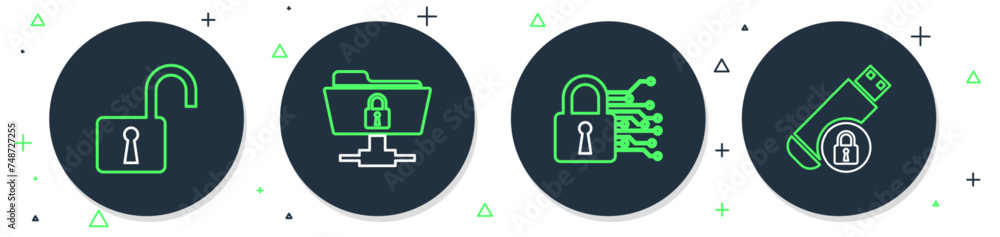 Poster set line ftp folder and lock, cyber security, open padlock and usb flash drive with icon. vector
