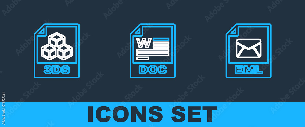 Poster set line eml file document, 3ds and doc icon. vector