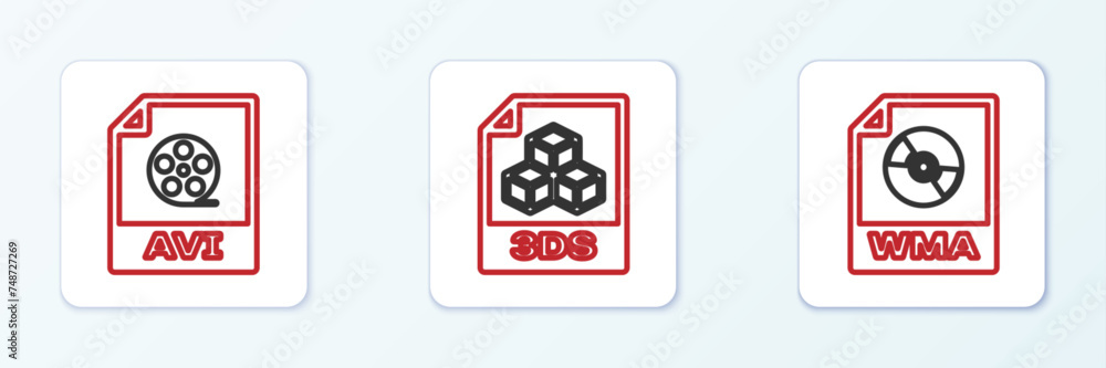 Poster set line wma file document, avi and 3ds icon. vector