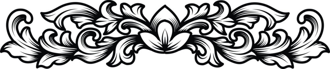 Fototapeta premium Symmetrical vintage baroque ornament vector illustration on transparent background. Floral engraved scroll Retro decorative design tattoo black and white filigree calligraphic heraldic shield swirl.