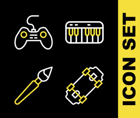 Set line Music synthesizer, Skateboard, Paint brush and Gamepad icon. Vector