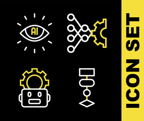 Set line Neural network, Algorithm, Robot setting and Artificial intelligence AI icon. Vector