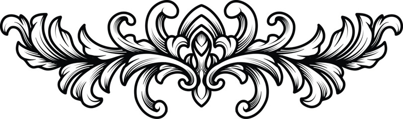  Filigree scroll heraldic or heraldry border frame floral pattern design. Vintage Baroque engraving ornament vector illustration. Design tattoo black and white, jewellery, Pattern, Wedding Decoration.