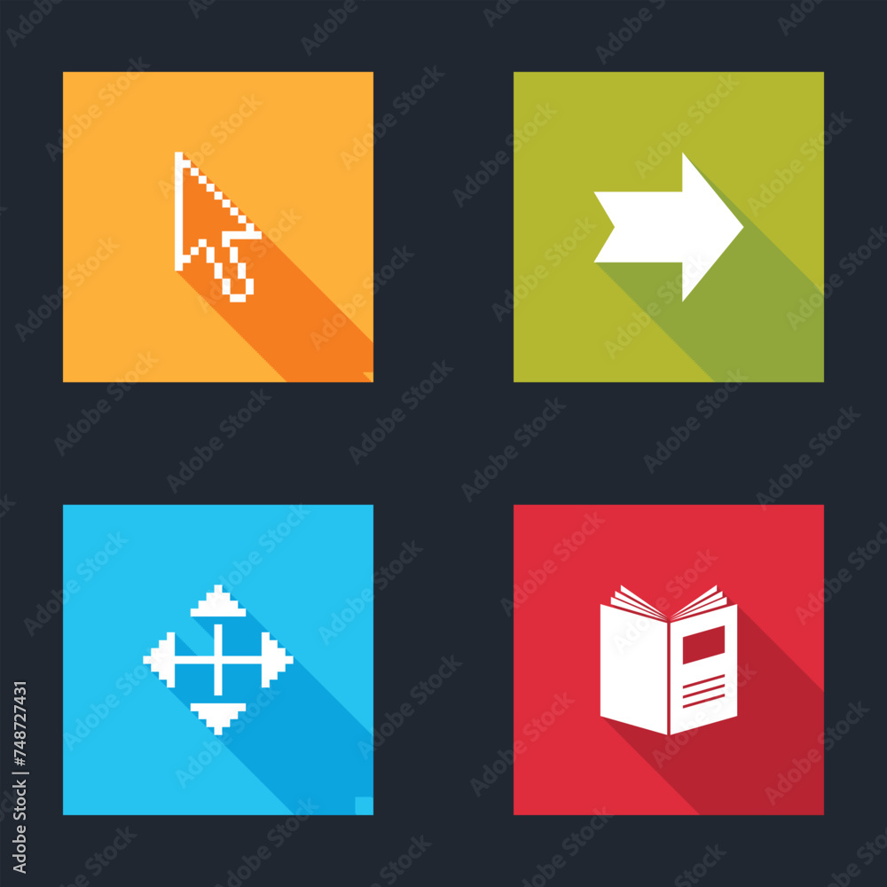 Poster set pixel arrow cursor, arrow, arrows in four directions and open book icon. vector