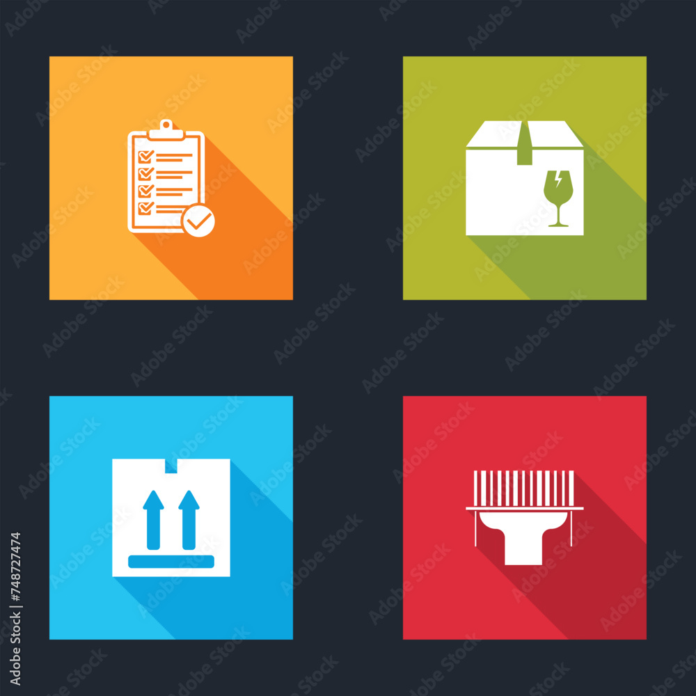 Poster set verification of delivery list, delivery box with fragile content, cardboard traffic and scanner 