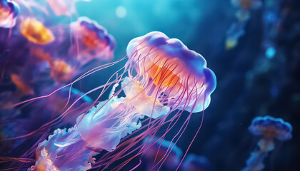 Poisonous jellyfish flock in the water - obrazy, fototapety, plakaty