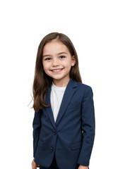 Young girl wearing a dark blue business suit, smiling and looking at the camera, isolated, transparent background, no background. PNG.