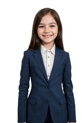 Young girl wearing a dark blue business suit, smiling and looking at the camera, isolated, transparent background, no background. PNG.