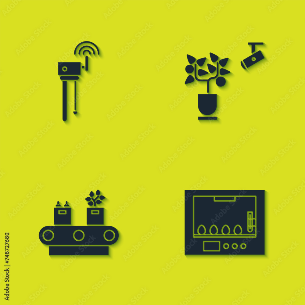 Poster set router and wi-fi signal, incubator for eggs, conveyor belt with box and smart farming technology