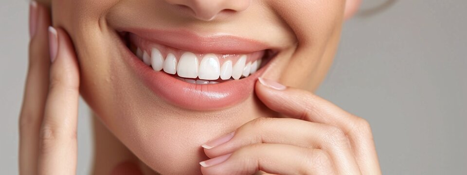 beautiful teeth of caucasian woman closeup with hand on chin showcasing bright smile and dental health care