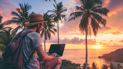 A man with a laptop on the beach near the sea. Remote work. Freelancing. - obrazy, fototapety, plakaty