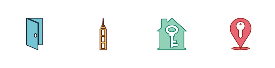 Set Closed door, Skyscraper, House with key and Location icon. Vector