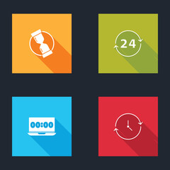Set Old hourglass, Clock 24 hours, on laptop and icon. Vector