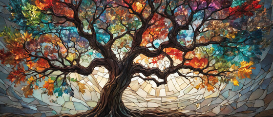 Colorful trees on a stained glass window, generative AI