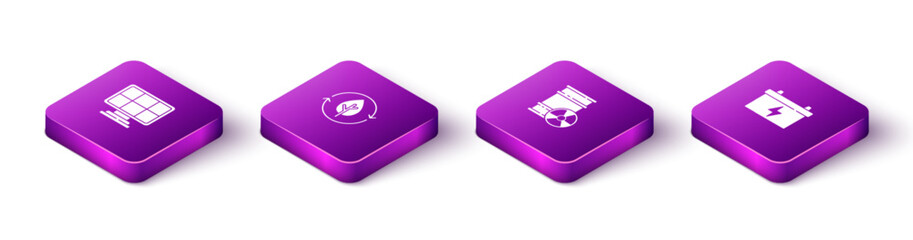 Set Isometric Solar energy panel, Recycle and leaf, Radioactive waste in barrel and Car battery icon. Vector