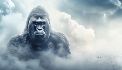 Huge gorilla on the background of thick smoke and sky - obrazy, fototapety, plakaty