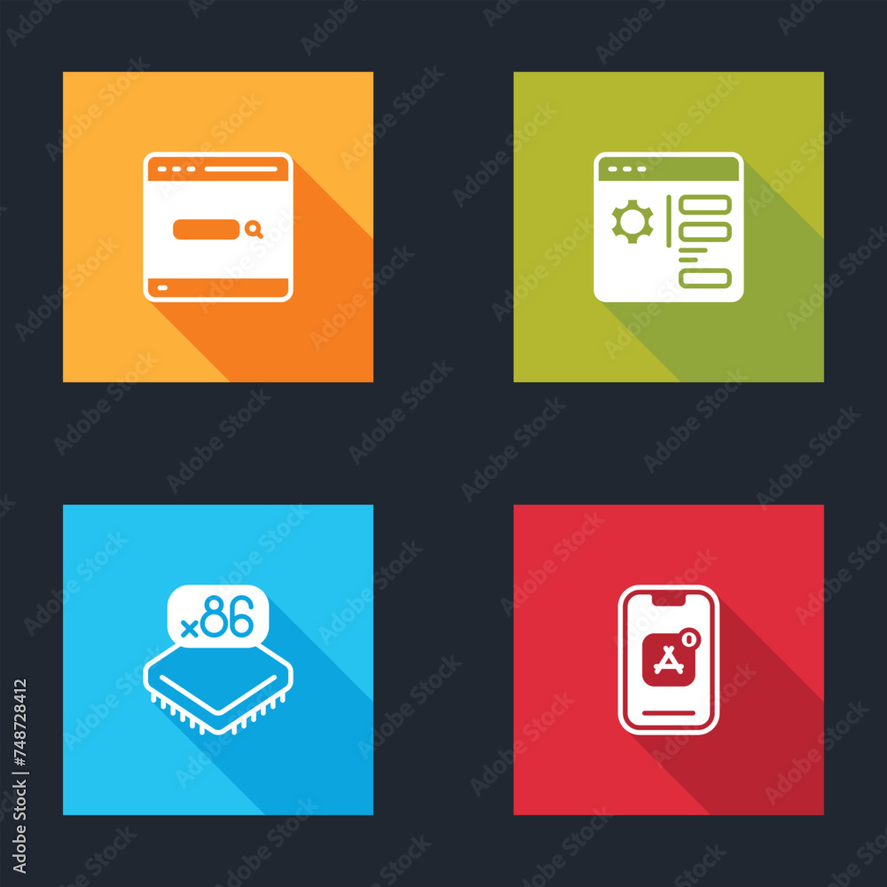 Aufkleber set search engine, browser setting, processor with microcircuits cpu and mobile apps icon. vector