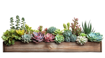 Succulent-Filled Wooden Crate on white background