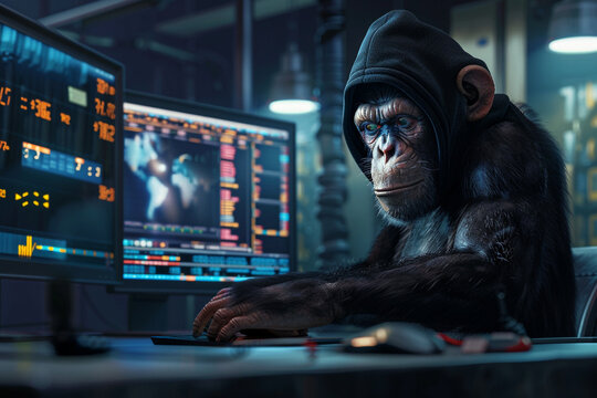 computer, fast network, analysis program monitor background, smart chimpanzee wearing hodie becomes network anti-crime program engineer, dark background 3D render 
