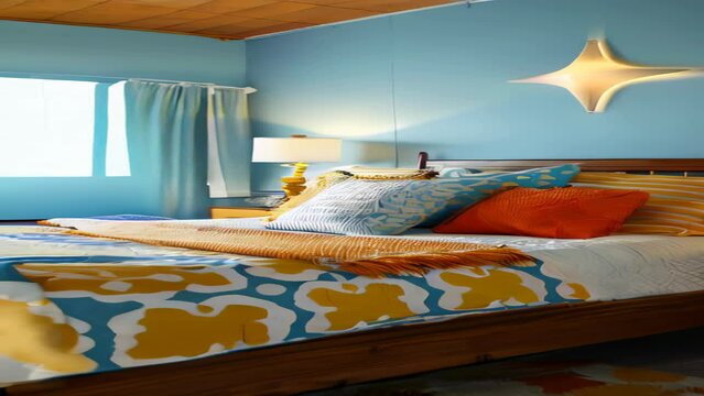 Interior of a children's bedroom with a double bed and pillows