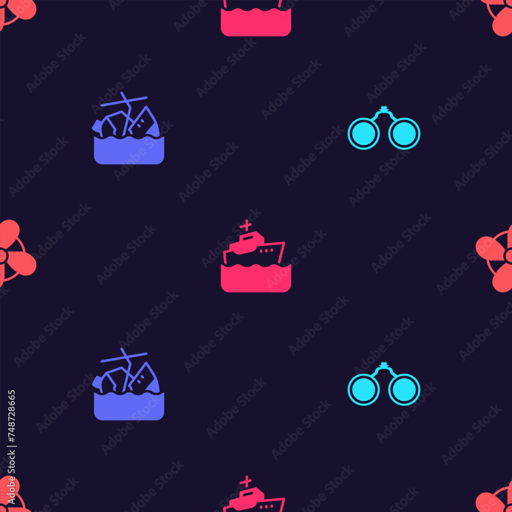 Canvas Prints Set Binoculars, Sinking cruise ship, Cruise and Boat propeller on seamless pattern. Vector