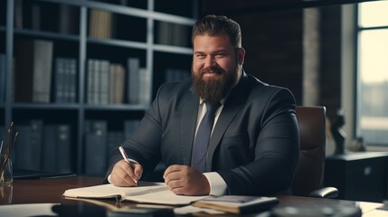 Plus sized  business man posing in his office. - obrazy, fototapety, plakaty