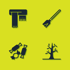 Set Winter scarf, Bare tree, Candy and Handle broom icon. Vector