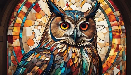 Papier peint photo autocollant rond Coloré Owl on a stained glass window, generative AI  