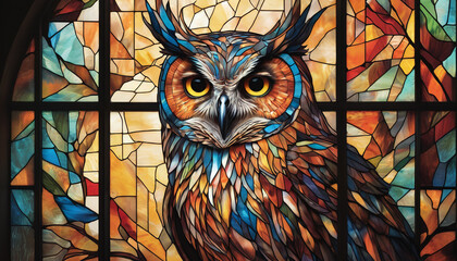 Owl on a stained glass window, generative AI

