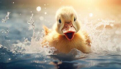 Little yellow duck splashing in the water - Powered by Adobe