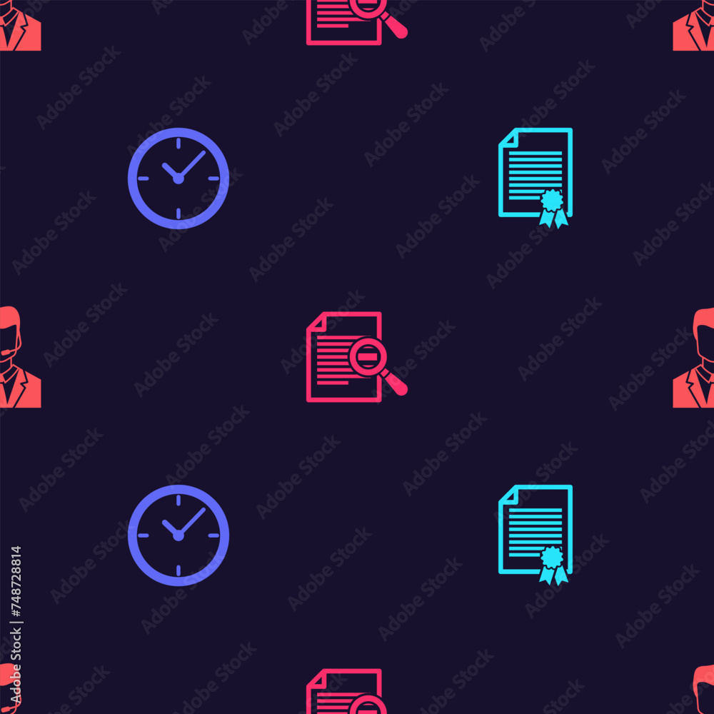 Poster set certificate template, clock, document with search and man headset on seamless pattern. vector