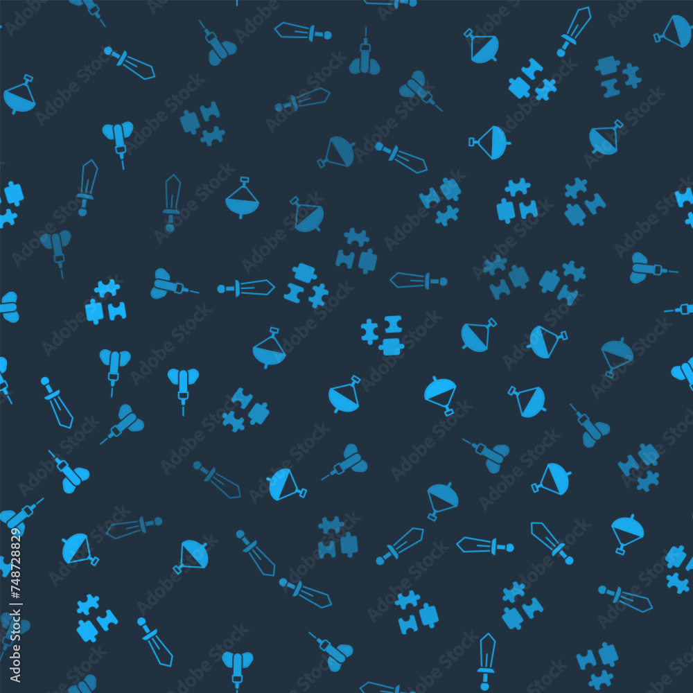 Poster set sword toy, whirligig, puzzle pieces and dart arrow on seamless pattern. vector