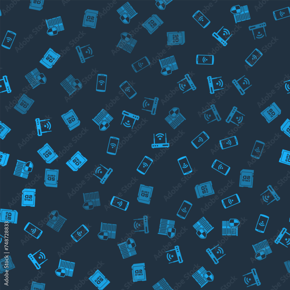 Aufkleber set server with shield, smartphone wireless, router and wi-fi and sd card on seamless pattern. vecto