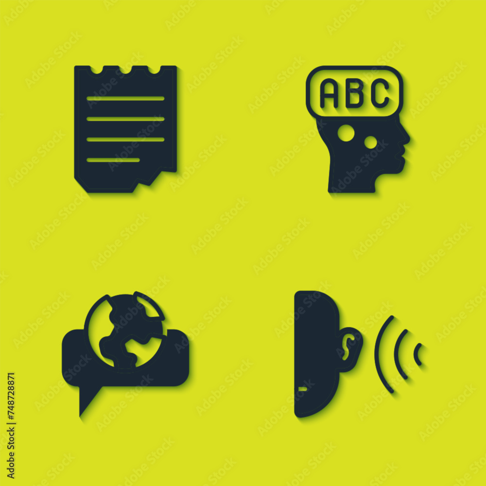 Poster set notebook, ear listen sound signal, learning foreign languages and icon. vector