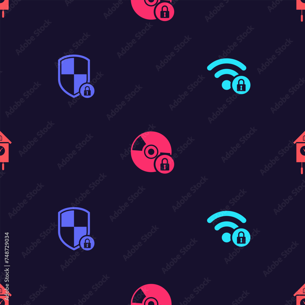 Poster set wifi locked, shield security with, cd or dvd disk and retro wall watch on seamless pattern. vect