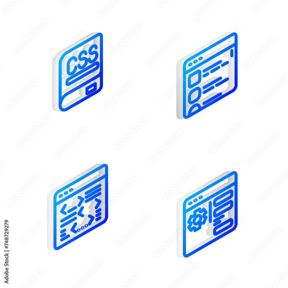 Poster set isometric line browser files, books about programming, software and setting icon. vector
