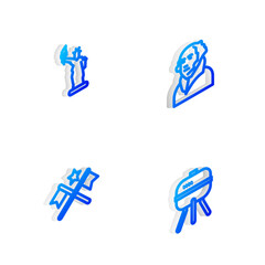 Set Isometric line George Washington, Statue of Liberty, American flag and Barbecue grill icon. Vector