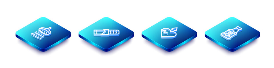 Set Isometric line Shower, Protein sport bar, Heartbeat increase and Vitamins icon. Vector