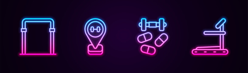 Set line Sport horizontal bar, Location gym, Sports doping with dumbbell and Treadmill machine. Glowing neon icon. Vector