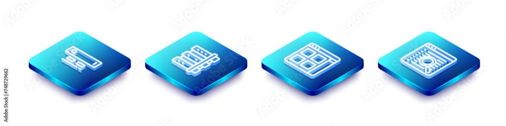 Poster set isometric line search engine, server, browser files and icon. vector