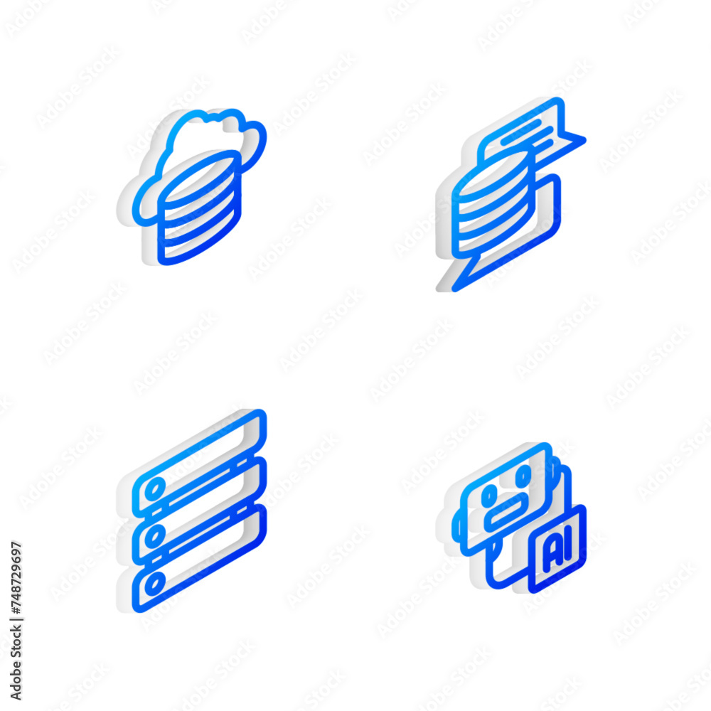 Poster set isometric line server, data, cloud database, and artificial intelligence robot icon. vector