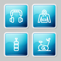 Set line Headphones, Hoodie, Punching bag and Stationary bicycle icon. Vector