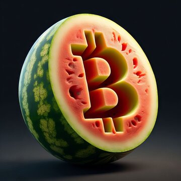 A fresh watermelon is carved with the Bitcoin symbol, fusing natural fruit textures with digital currency iconography. The vivid contrast captivates the viewer's attention.