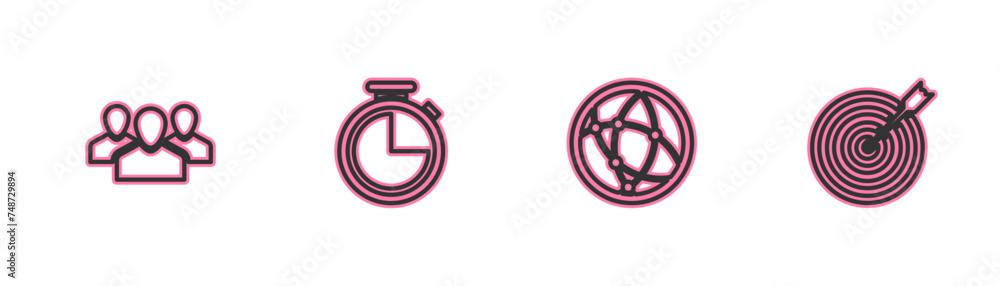 Poster set line users group, social network, stopwatch and target with arrow icon. vector
