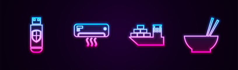 Set line USB flash drive and shield, Air conditioner, Cargo ship and Bowl with chopsticks. Glowing neon icon. Vector